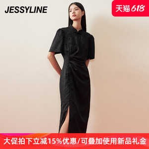 jessyline杰茜莱2024夏季新款黑色新中式收腰显瘦气质短袖连衣裙