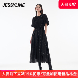 jessyline杰茜莱2024夏季新款黑色波点收腰显瘦气质露肩连衣长裙