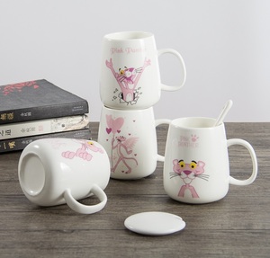 创意粉红豹子陶瓷情侣杯子带盖勺马克杯办公杯学生水杯早餐牛奶杯