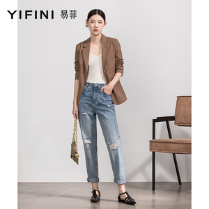 yifini/易菲2022秋季新款浅色破洞牛仔裤女通勤直筒宽松小脚长裤