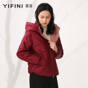 yifini/易菲秋冬新款女宽松短款棉衣连帽红色小个子棉服外套21年