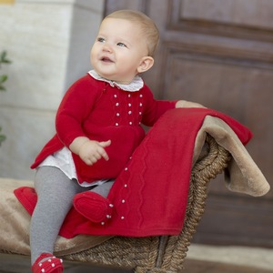 婴儿全棉礼服春秋女宝宝周岁服大红色喜庆纯棉针织长袖连衣裙