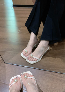 一字带透明凉鞋女2024年新款夏季白色高跟鞋细跟仙女风珍珠凉拖鞋