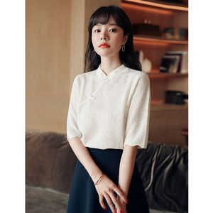 中式国风盘扣针织衬衫女春夏新款设计感小众蕾丝气质短袖显瘦上衣
