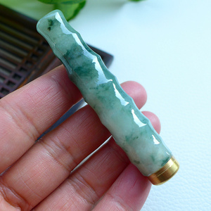 翡翠烟嘴长杆直铜过滤粗细实用缅甸天然翡翠老坑a冰飘花真玉烟嘴