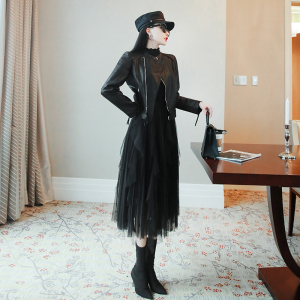 皮衣纱裙套装女