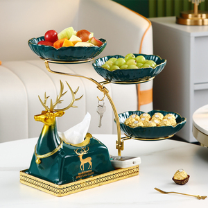 轻奢高档铁艺陶瓷水果盘客厅茶几家用欧式多层干果盘创意装饰摆件