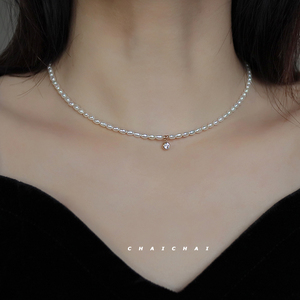 3mm稀有天然小米粒珍珠项链女轻奢小众14k包金锁骨链颈链精致简约