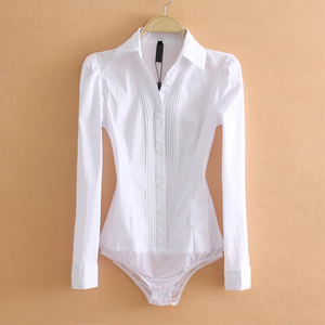 韩白色职业衬衣竖折白色连体衬衫女长袖女式衬衣纯色棉质上衣修身