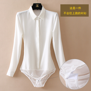 常规通勤醋酸缎面雪纺气质显瘦纯色白色长袖衬衫女连体衬衣