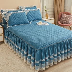 欧式蕾丝夹棉床裙单件纯色加厚双人床罩席梦思床套防滑保护套1.8m