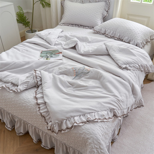 韩版夹棉床盖式四件套夏被可水洗刺绣薄被子花边空调被公主风床罩