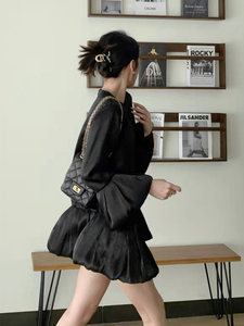 气质甜美优雅赫本风黑裙高级质感醋酸拼接喇叭袖7分袖短款连衣裙