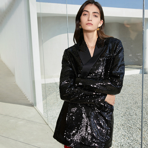 ael原创定制复古黑色亮片宴会小西装外套女2021年初春新款小礼服