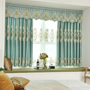 全遮光客厅窗帘订做现代简约飘窗短帘成品定制卧室欧式花蓝绿色布