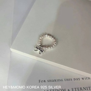 韩国东大门代购【momo】 S925纯银 闭口弹力珍珠蝴蝶结戒指