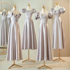 紫色伴娘服2024新款春季缎面高级感婚礼姐妹团晚礼服裙主持演出服