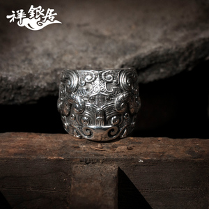原创个性潮人男女开口指环中国复古风神兽饕餮纹纯银泰银食指戒指