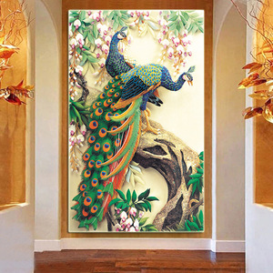 满钻钻石画5d钻石画钻石十字绣花孔雀动物钻石画竖款花开富贵孔雀