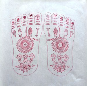 s武强年画《佛陀足印》双足朱砂线描稿34x34cm画心民间艺术纯手绘