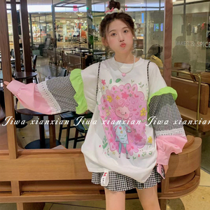 韩国东大门2024春季新款拼接设计小女孩印花长袖卫衣女百搭上衣