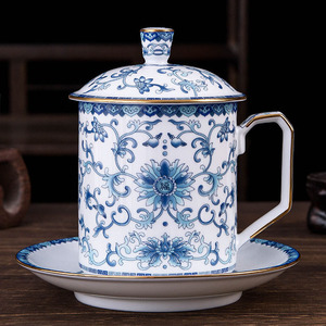 景德镇陶瓷茶杯带盖托盘青花瓷茶水分离大水杯泡茶杯个人专用珐琅