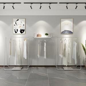 银色服装店展示架落地式挂衣架女装店中岛上墙陈列货架设计效果图