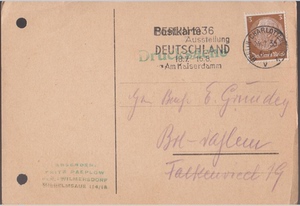 德国二战1936-7-24实寄明信片 贴兴登堡3芬尼 柏林戳