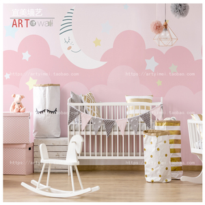 粉色ins壁纸创意北欧风格儿童房墙纸女孩卧室公主粉可爱卡通云朵