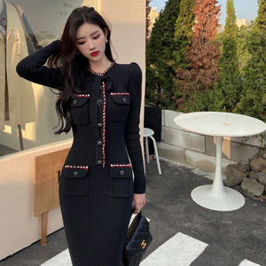 sp秋冬名媛小香风针织黑色连衣裙女加厚长款打底包臀毛衣裙过膝