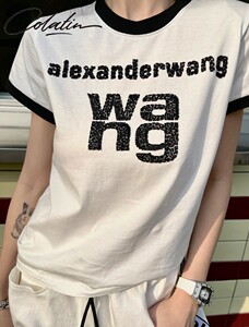 alexander wang/亚历山大王 21ss 绣珠拼色字母撞色短袖t恤男女