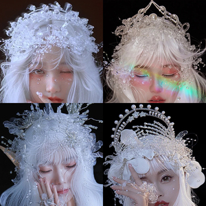 薇拉同款精灵热缩花白纱水晶头饰水波浪饰品新娘影楼潮流拍摄写真
