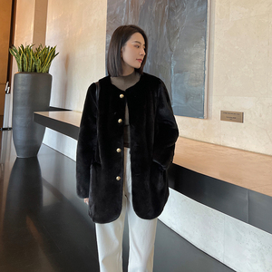 msbeast 宝嘉美进口水貂整貂皮皮草外套女复古圆领中长款貂皮大衣