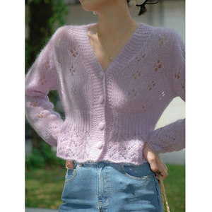 紫色V领薄款防晒夏季镂空马海毛宽松针织开衫外套女短款罩衫上衣