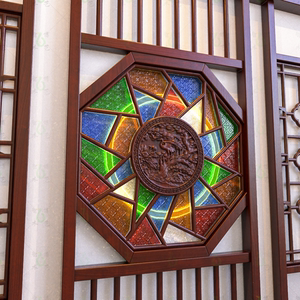 中式仿古满洲窗彩色海棠压花艺术玻璃装饰窗现代简约屏风隔断