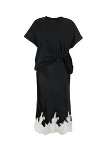白蕾丝缎面黑色连衣裙法式小众设计拼接假两件花边裙