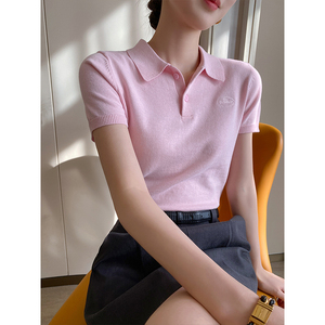 PINKEEN粉色polo领短袖针织T恤女夏季2024新款学院风时尚通勤上衣
