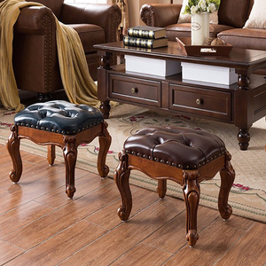 美式全实木茶几矮凳客厅沙发搁脚踏凳欧式皮坐墩家用小板凳方凳子