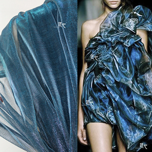 幻彩网纱/蓝灰朦胧镭射渐变布 面料舞台服装变色透视设计师面料