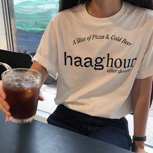 haag直营正品韩国设计师品牌韩版女装圆领短袖字母印花百搭t恤