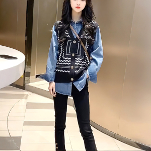 时尚两件套女2022春季新品韩版宽松显瘦百搭针织马甲 牛仔衬衫女