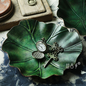 真皮荷叶创意托盘手工复古怀旧摆件入门玄关放钥匙收纳干果装饰盘