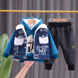 男童装秋冬款加绒加厚三件套装婴儿童卫衣男宝宝冬装1-3岁棉衣潮4
