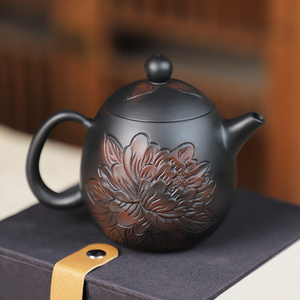 建水紫陶茶壶纯手工泡茶壶堆雕牡丹龙蛋可提可转家用茶具套装单壶