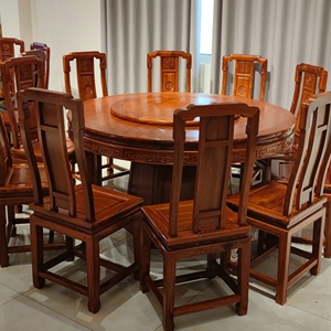非洲檀香木徽派餐桌客厅别墅6人8人10人圆桌素面实木中式红木家具