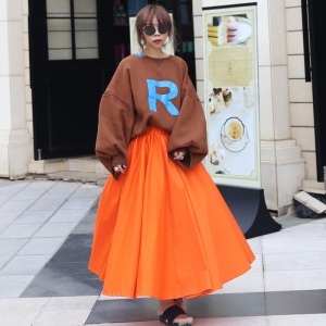 猫布制造原宿风裙子港风复古橙色裙子半身裙中长款松紧腰大摆裙女