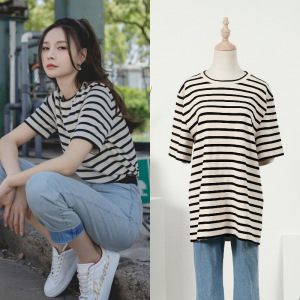 沈梦辰同款条纹短袖短袖t恤女中长款显瘦圆领半袖黑白条遮肉韩版