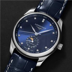 正品浪琴二手名匠系列蓝盘全自动机械月相镶钻男表 l2.909.4.97.