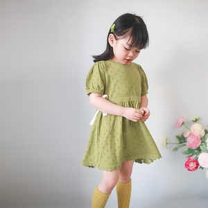 现货！女童夏季绿色连衣裙镂空针织黄色短袖宝宝纯棉裙子薄软显白