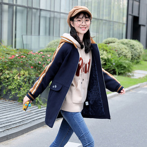 冬季外套学生装少女夹棉加厚毛呢大衣夹层初中学生宽松中长款棉衣